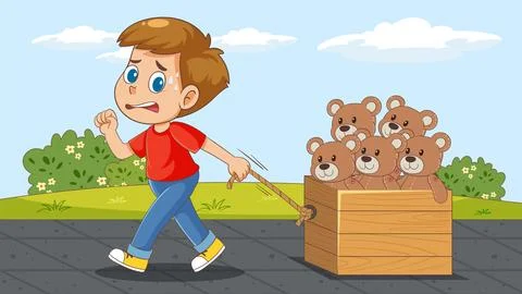 Boy Pulling Cart of Teddy Bears Outdoors 스톡 일러스트