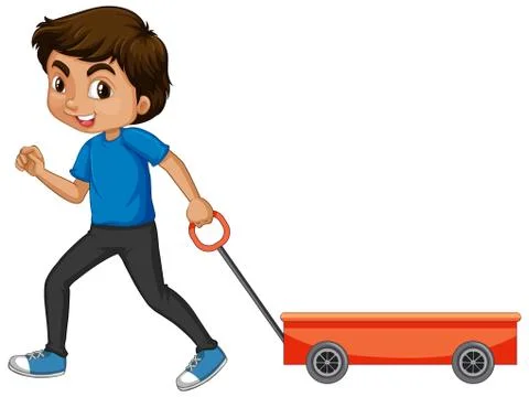 Boy pulling cart on white background 스톡 일러스트