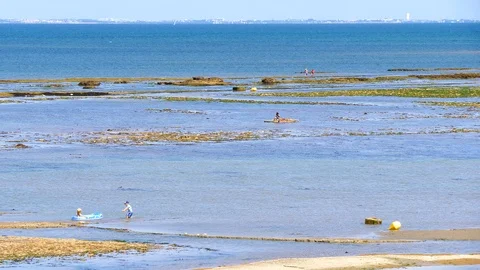 Boy pulling his young sister in a small boat in the beach. Stock Footage 120465151