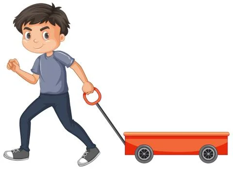 Boy pulling red wagon on white background Stock Illustration