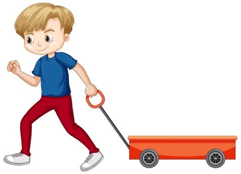 Boy pulling red wagon on white background Illustrazione stock