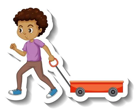 A boy pulling red wagon on white background Stock Illustration