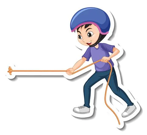 A boy pulling rope cartoon character sticker 스톡 일러스트