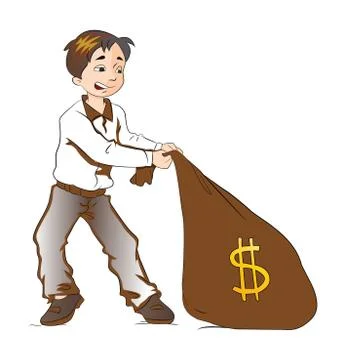 Boy Pulling a Sack of Money, illustration Stock Illustration