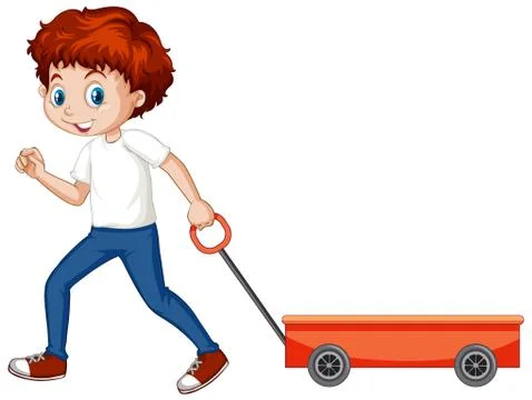 Boy pulling wagon cart on white background Stock Illustration