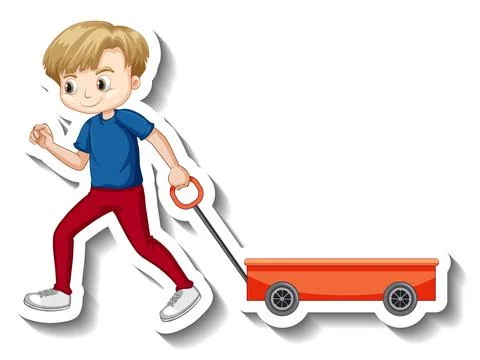 Boy pulling wagon cartoon character sticker Stock Illustration