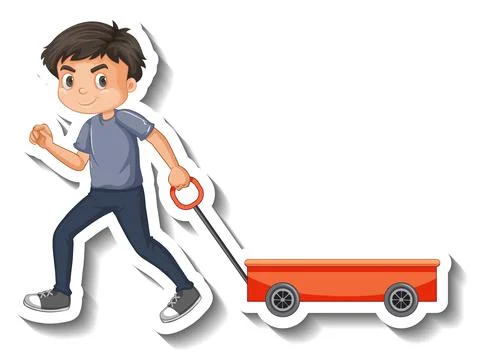 Boy pulling wagon cartoon character sticker Stock Illustration
