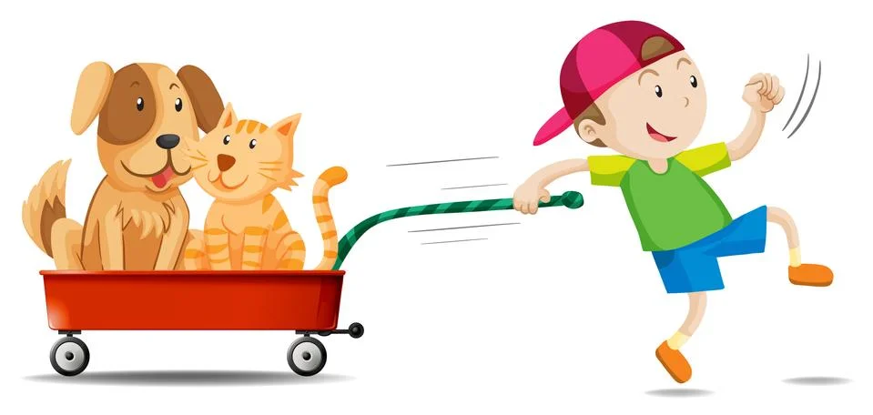 Boy pulling wagon with dog and cat on it イラスト素材
