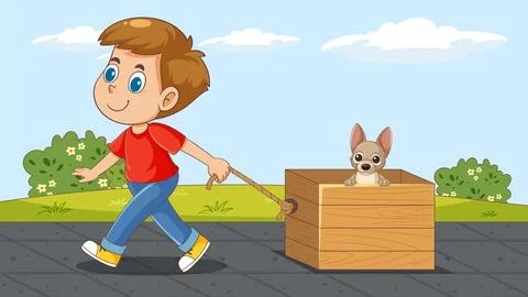 Boy Pulling Wagon with Puppy Illustration 스톡 일러스트