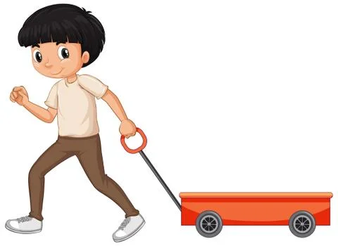 Boy pulling wagon on white background Stock Illustration