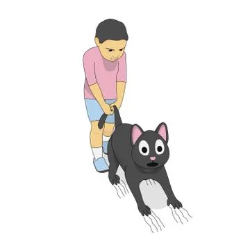 Boy pulls cat’s tail. Stock Illustration