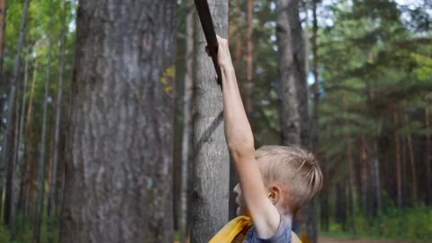 Boy pulls himself up on the bar between trees in the park Stock Footage 147249935