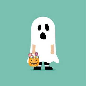Boy with pumpkin basket dressed in ghost costume Stock Illustration