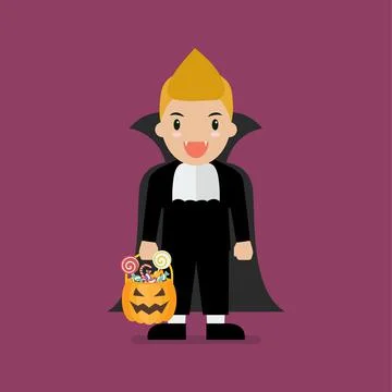 Boy with pumpkin basket dressed in vampire costume Stock Illustration