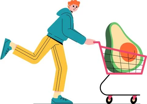 Boy Pushing Trolley Containing Big Avocado Healthy Shopping Stock Illustration