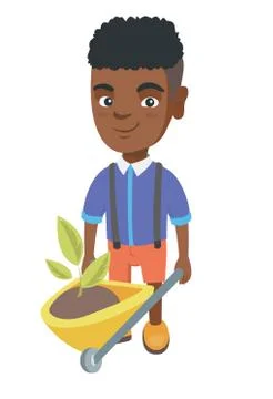 Boy pushing wheelbarrow with soil and plant. Stock Illustration