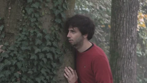 Boy Puts Back against Tree Video stock 87203239