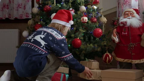 Boy puts gifts under the tree Stock Footage 219020450