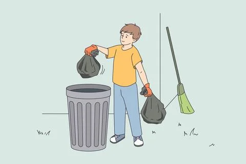 The boy puts things in order and throws bags of garbage into the trash can 스톡 일러스트