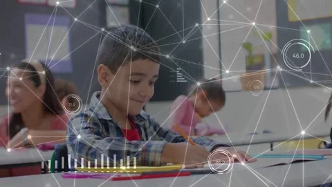 Boy putting pencil on page, writing and finishing class task, animated nodes Stock Footage 333005030