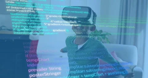 Boy putting on VR headset activating code overlay in tech demo, gesturing and Stock Footage 328097520