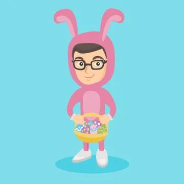 Boy in rabbit suit with the basket of easter eggs. Illustrazione stock