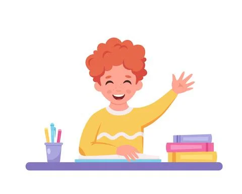 Boy raising hand to answer. Child sitting at a desk with school supplies. Stock Illustration