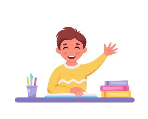 Boy raising hand to answer. Child sitting at a desk with school supplies. Stockillustratie