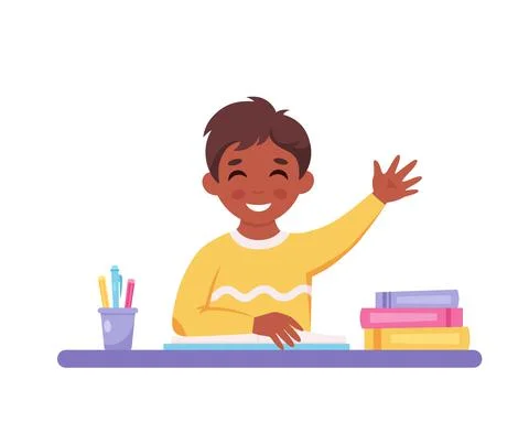 Boy raising hand to answer. Child sitting at a desk with school supplies. Иллюстрация