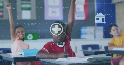 Boy raising hand to answer, classmates following, floating digital icons guiding Stock Footage 317799538
