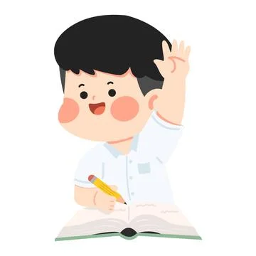 Boy Raising Hand While Studying Stock Illustration