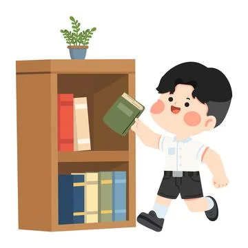 Boy Reaching for Book on Shelf Stock Illustration