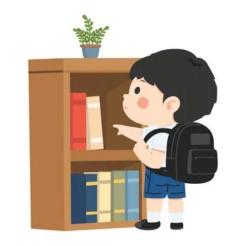 Boy Reaching For Book On Shelf In Library Stock Illustration