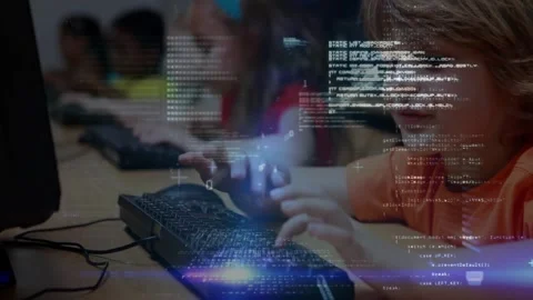 Boy reaching for mouse and typing triggers animated code intensifying coding Stock Footage 326039136