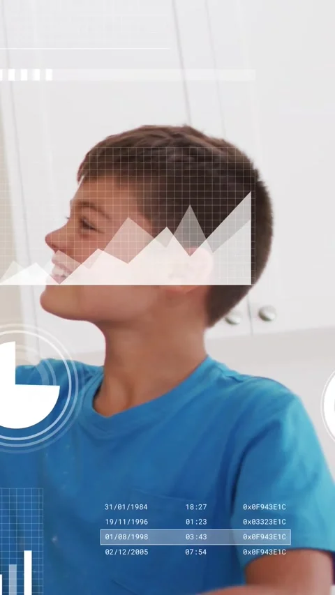 Boy reacting to cue turning smiling in kitchen HUD timers charts overlaying Stock Footage 334600925