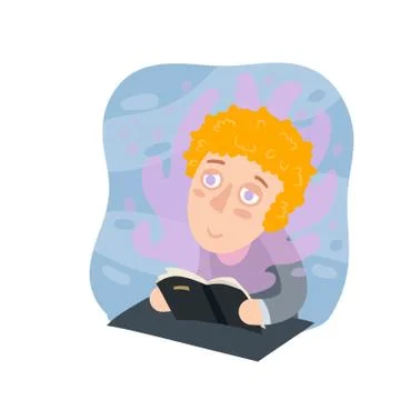 Boy read book at school. Red funny kid. Children drawing. Stock Illustration