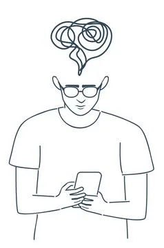 Boy read from smartphone screen line art Stock Illustration