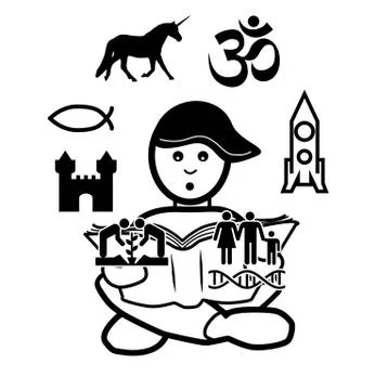 Boy reading. Black and white symbols come from the book. Digital drawing Stock Illustration