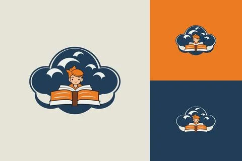 A Boy reading a book amidst cloud is a conceptual vector logo design for Cl.. Stock Illustration