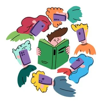 Boy reading a book around him kids with phones Stock Illustration