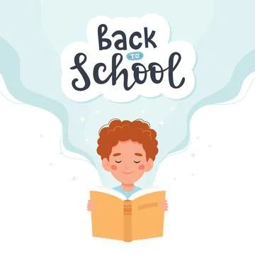 Boy reading a book. Back to school lettering. Cute vector illustration concept Stock Illustration