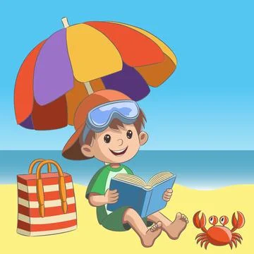 Boy Reading Book on Beach in Summer Vacation, Vector Illustration Stock Illustration