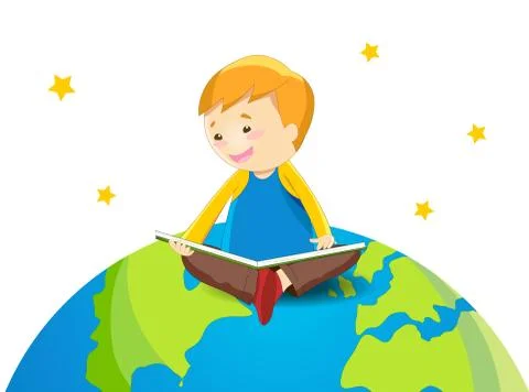Boy reading book on the earth Stock Illustration