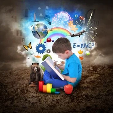 Boy reading book with education objects Stock Photos