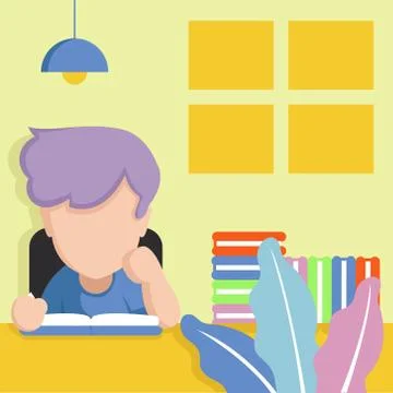 A Boy Reading Book in Flat Style Illustration Stock Illustration