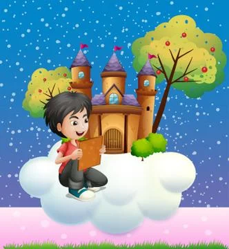 A boy reading a book in front of the floating castle Stock Illustration