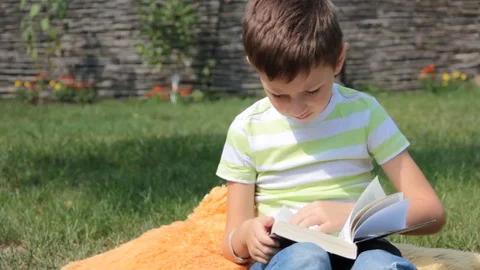 The boy is reading a book on the grass Stock Footage 80446684