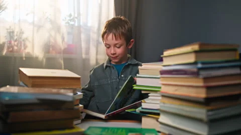 Boy Reading a Book at His Study Desk at Home Completing Homework Stock Footage 288497487
