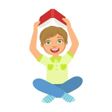 Boy Reading A Book Holding It Above The Head, Part Of Kids Loving To Read Vector Ilustração Stock