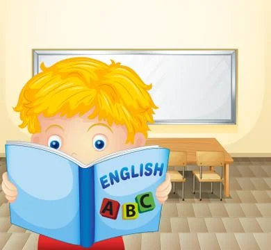 A boy reading a book inside the classroom Stock Illustration